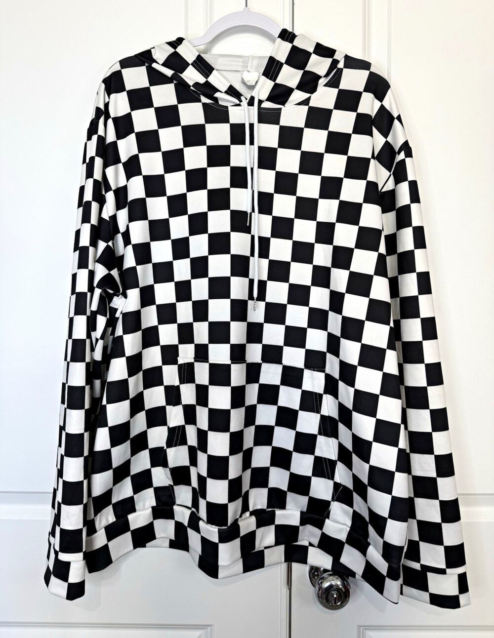 Men’s Black & White Checkered Pullover Hoodie Drawstring Hood Pockets 3XL